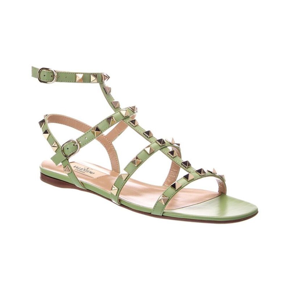 Valentino Rockstud Caged Leather Ankle Strap Sandal, Green